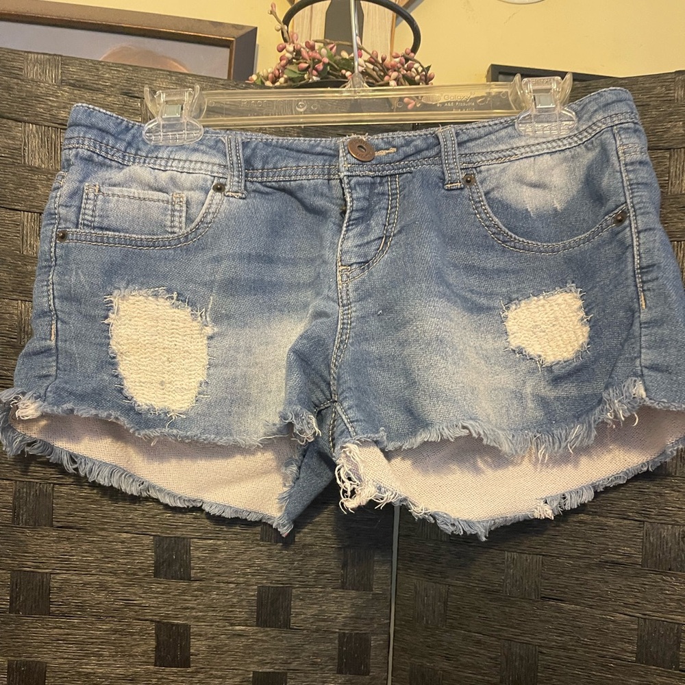Mudd Womens 7 Denim Jeans Short Shorts Blue Distressed Fray Light VTG Low Rise